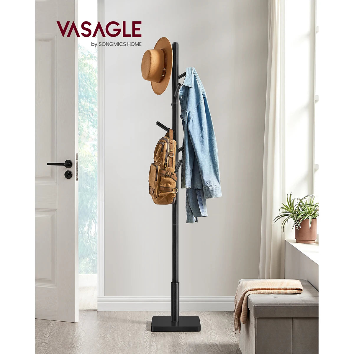 VASAGLE Coat Rack, Solid Wood Coat Stand, Free Standing Hall Coat Tree with 8 Hooks for Coats, Hats, Bags, Purses, for Entryway - vue 1 sur 9