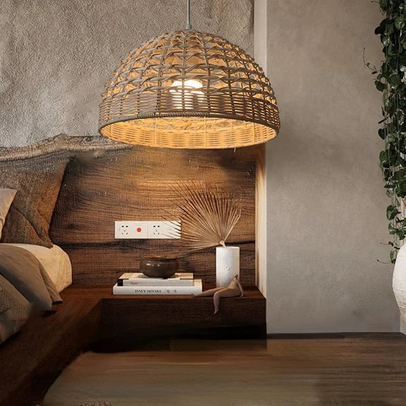 Rattan pendant chandelier with lampshade for hanging lighting - vue 3 sur 17