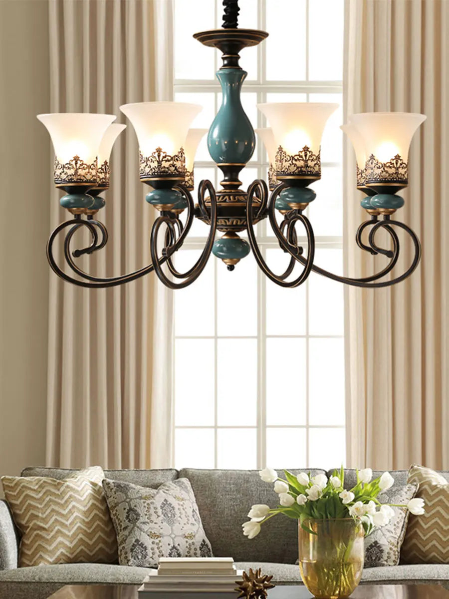 European retro ceramic chandelier with glass shade - vue 3 sur 21