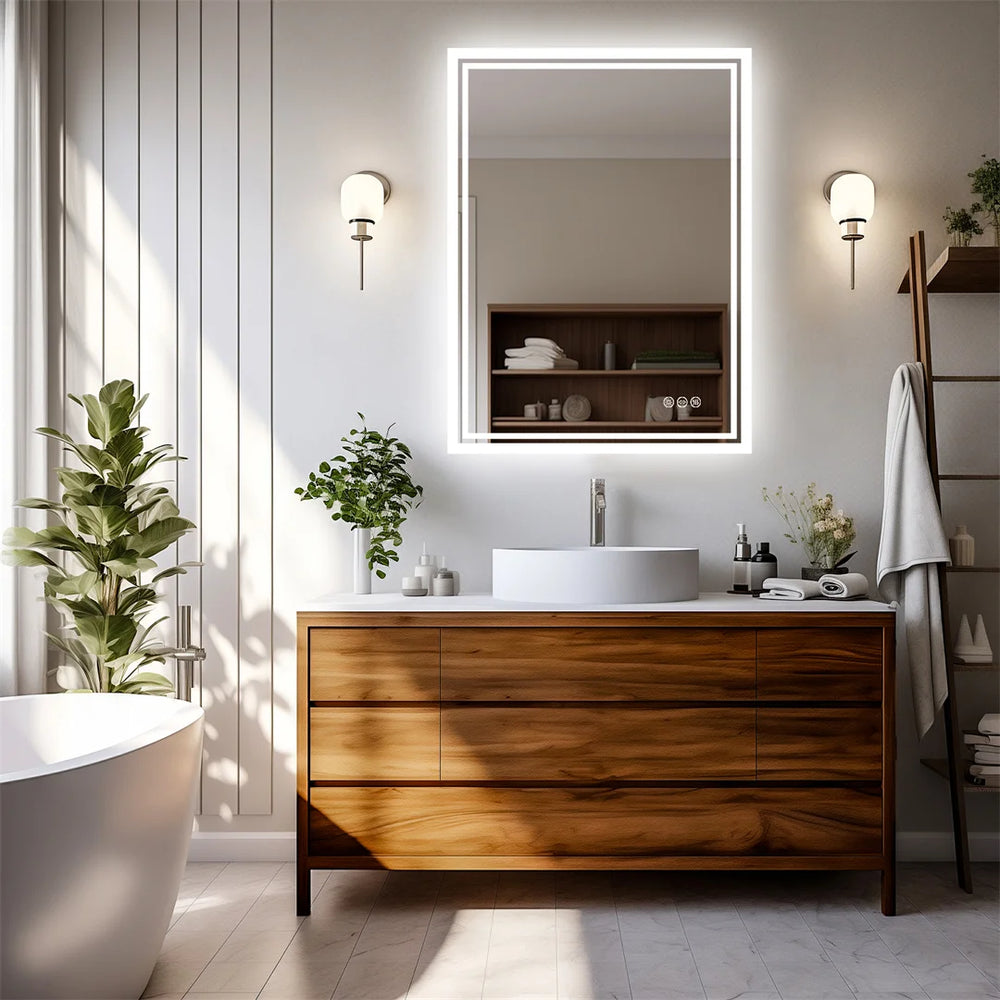 Dimmable anti-fog backlit wall-mounted mirror