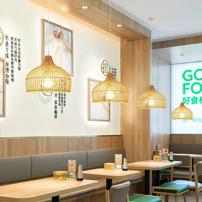 Japanese rattan pendant light for Asian restaurant pastoral style - vue 6 sur 12
