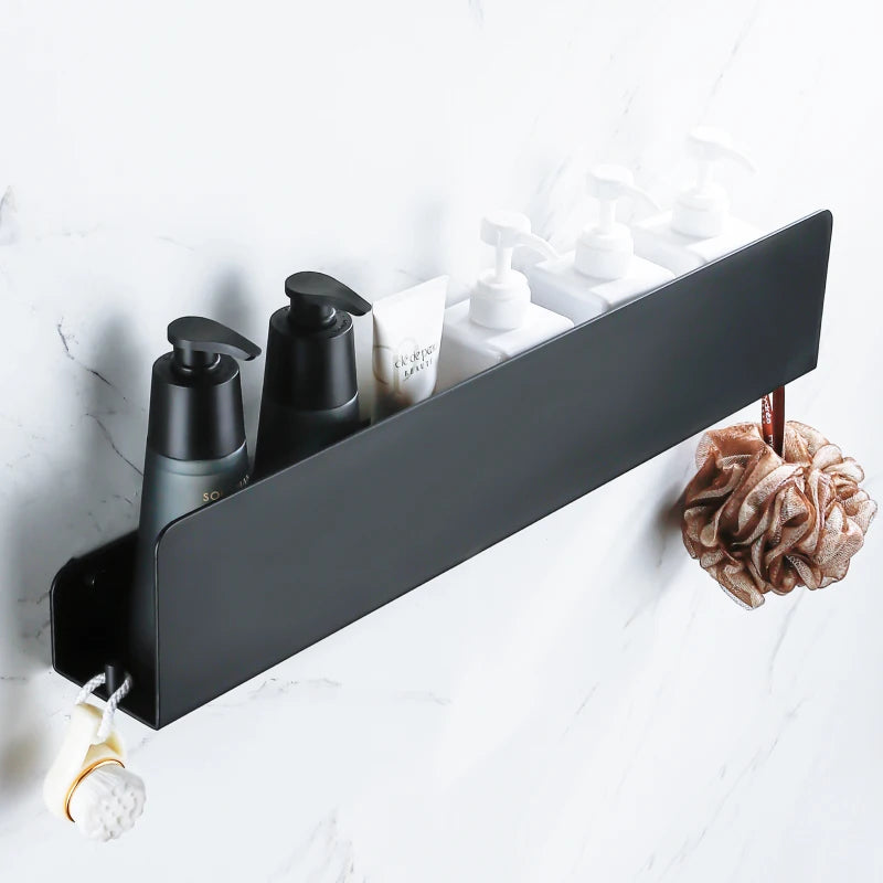 wall mounted storage shelf with aluminum hooks for kitchen and shower - vue 3 sur 15