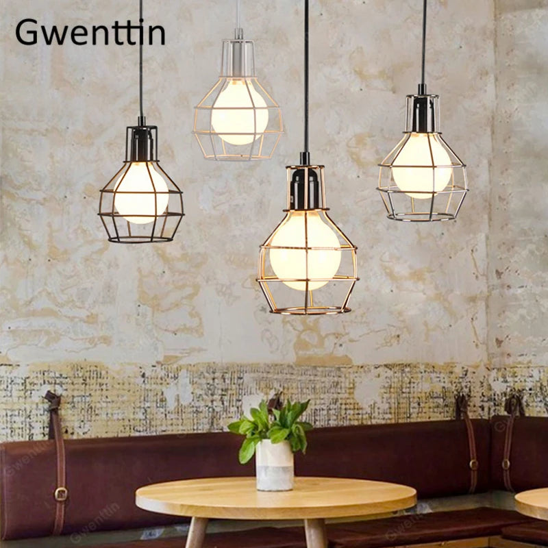 Iron cage pendant light for modern retro interior decor