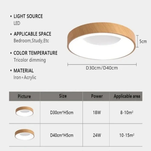 Modern circular ultra-thin wood grain LED ceiling light - vue 7 sur 8