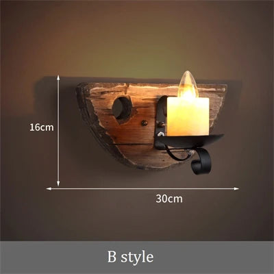 Vintage wooden wall light with glass and metal lampshade