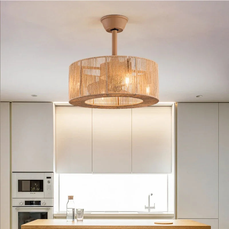 Decorative braided rope ceiling light with fan and dimmable function