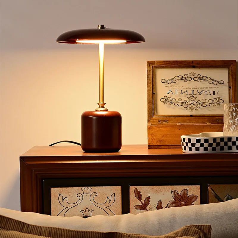 Retro glass, wood and copper designer table lamp - vue 4 sur 8