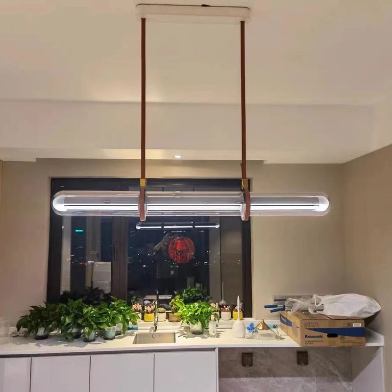 Modern long LED chandelier in luxury leather and glass