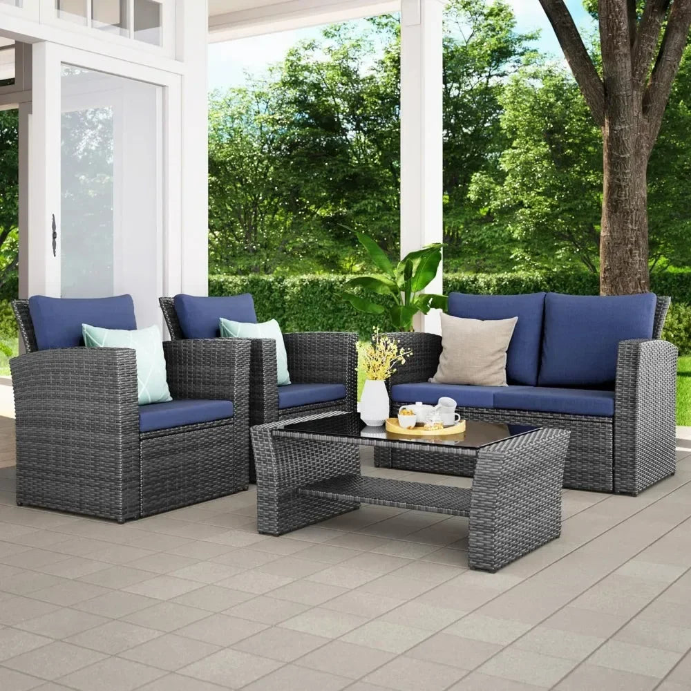 Wisteria Lane 4 Piece Outdoor Patio Furniture Set, Porch Deck Wicker Conversation Set, Gray Rattan Sofa Chair with Back Cushions