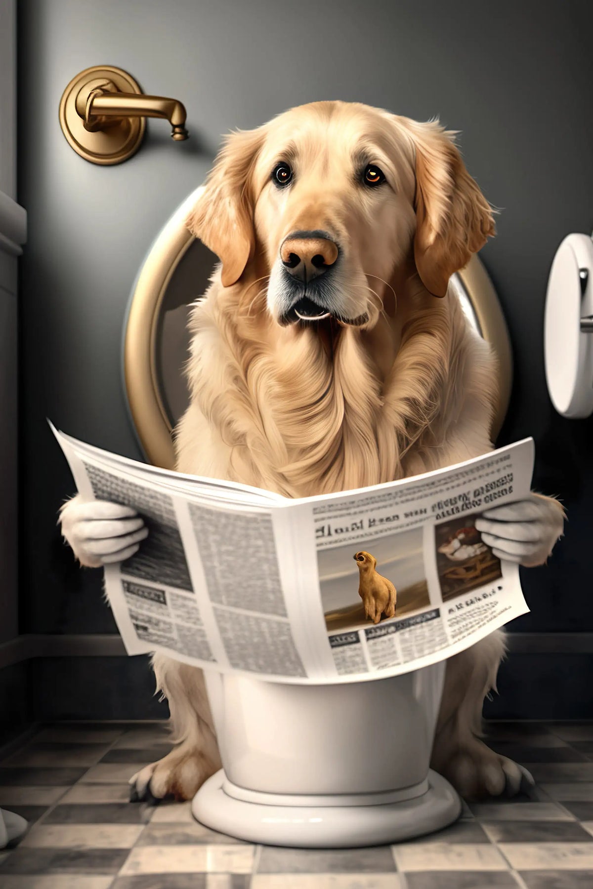 Humorous animal bathroom wall art with newspaper