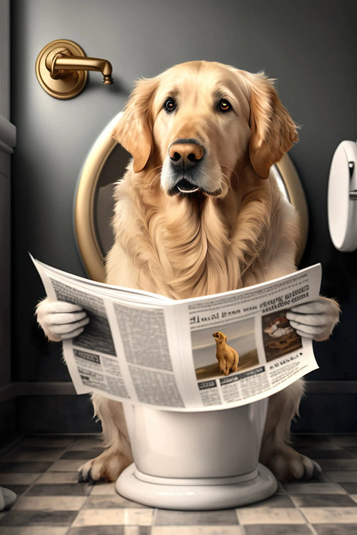 Humorous animal bathroom wall art with newspaper