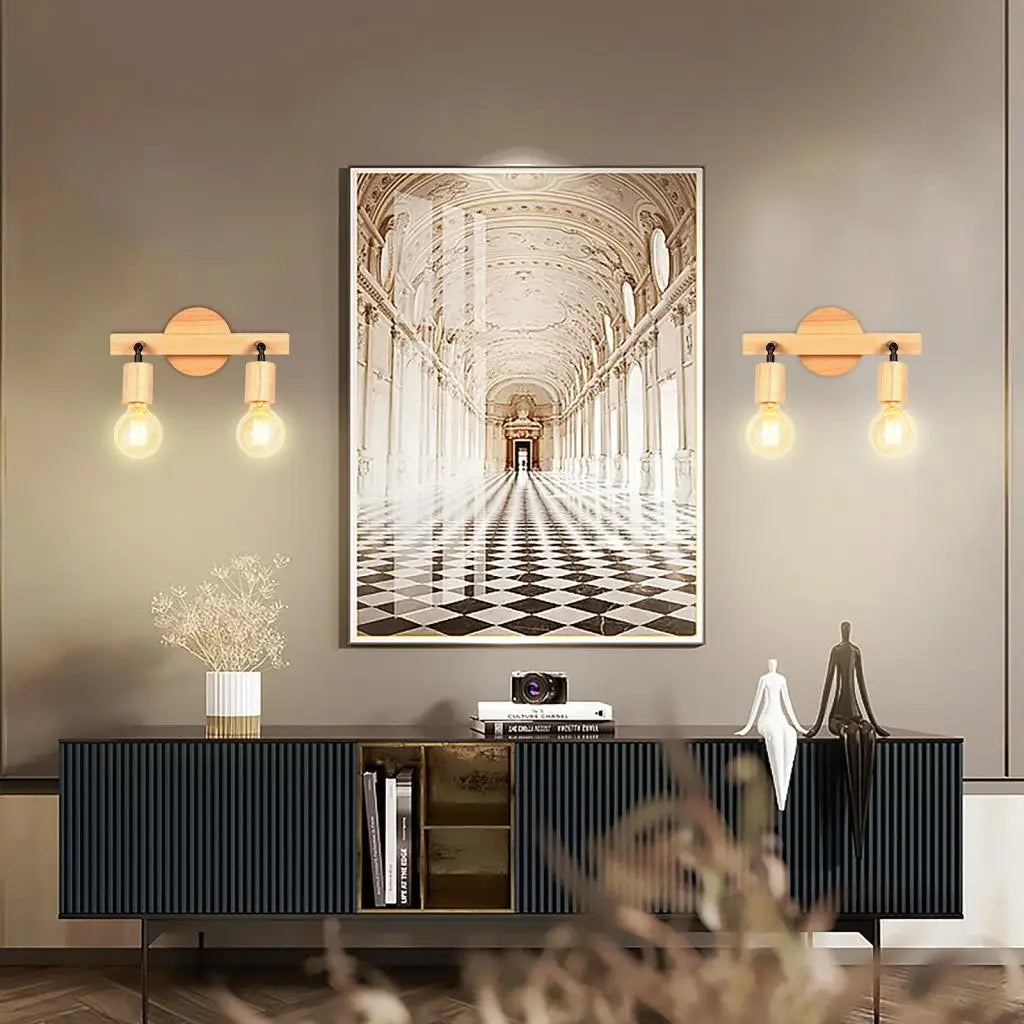 Modern nordic double head wooden wall light