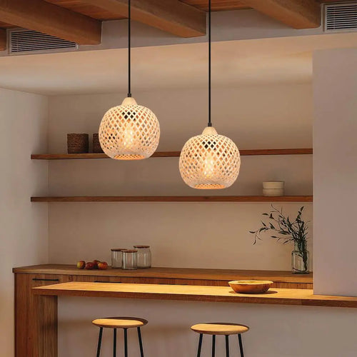 Handwoven bamboo chandelier with integrated LED - vue 10 sur 16