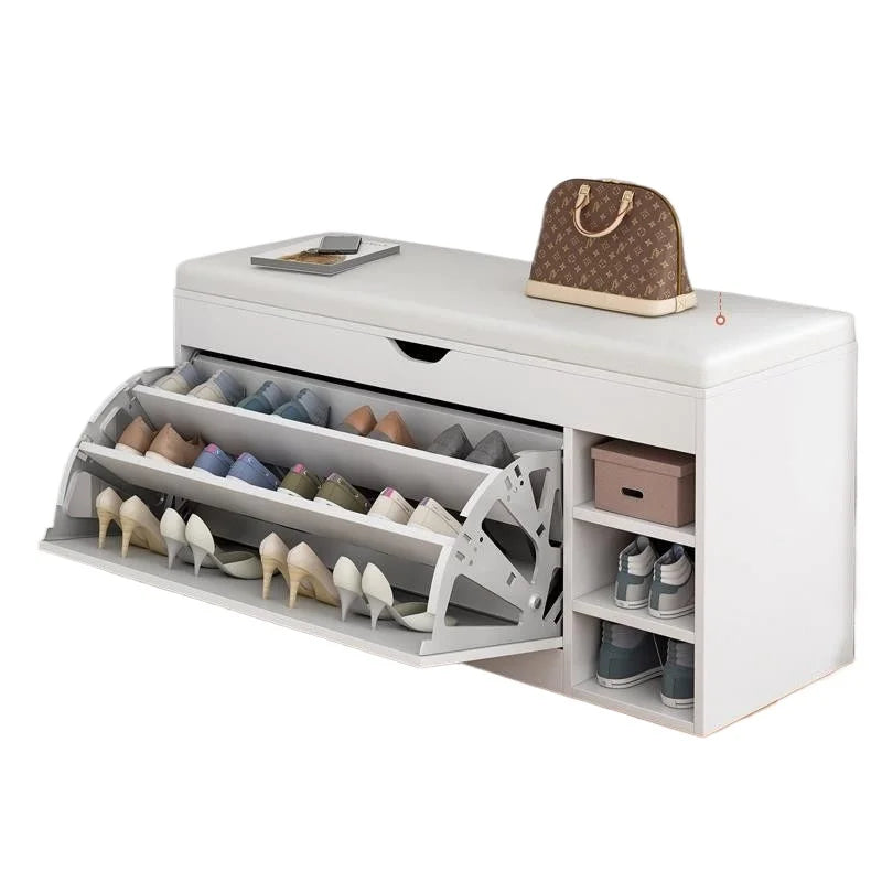 Home Shoe Cabinet with Bench, Anti-Dust Shoe Storage Bench, Multi-Layer Wooden Organizer with Cushion and Stable Structure - vue 6 sur 13