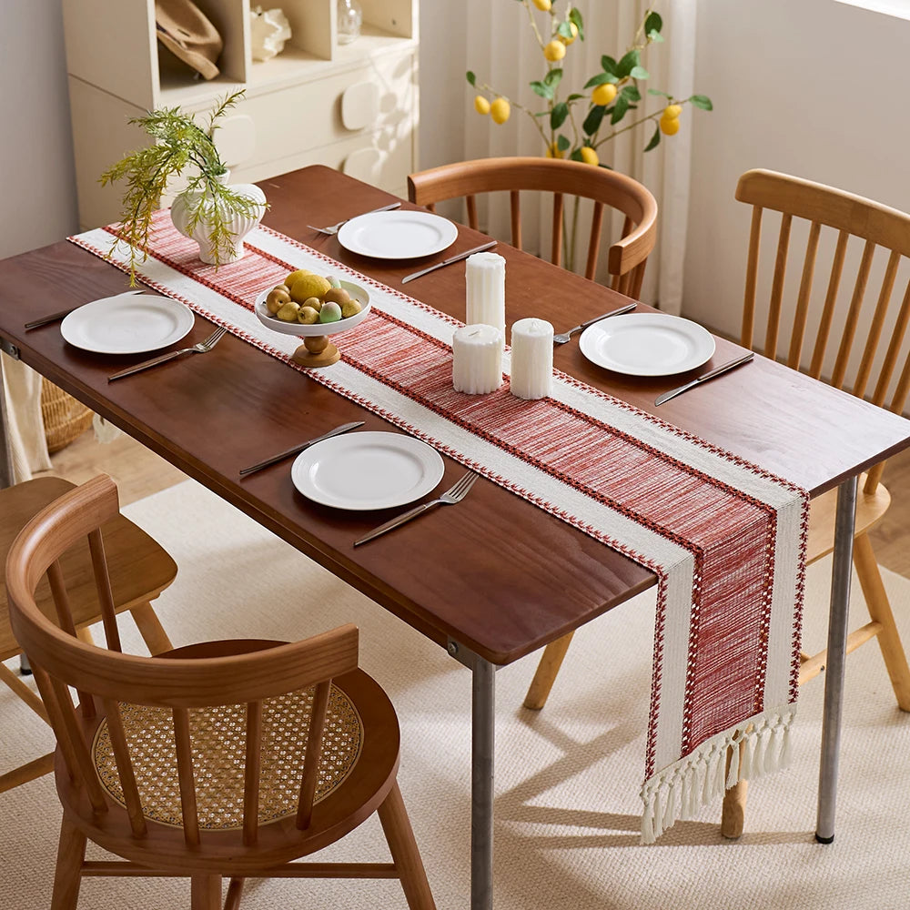 Bohemian striped table runner in red and beige with tassels
