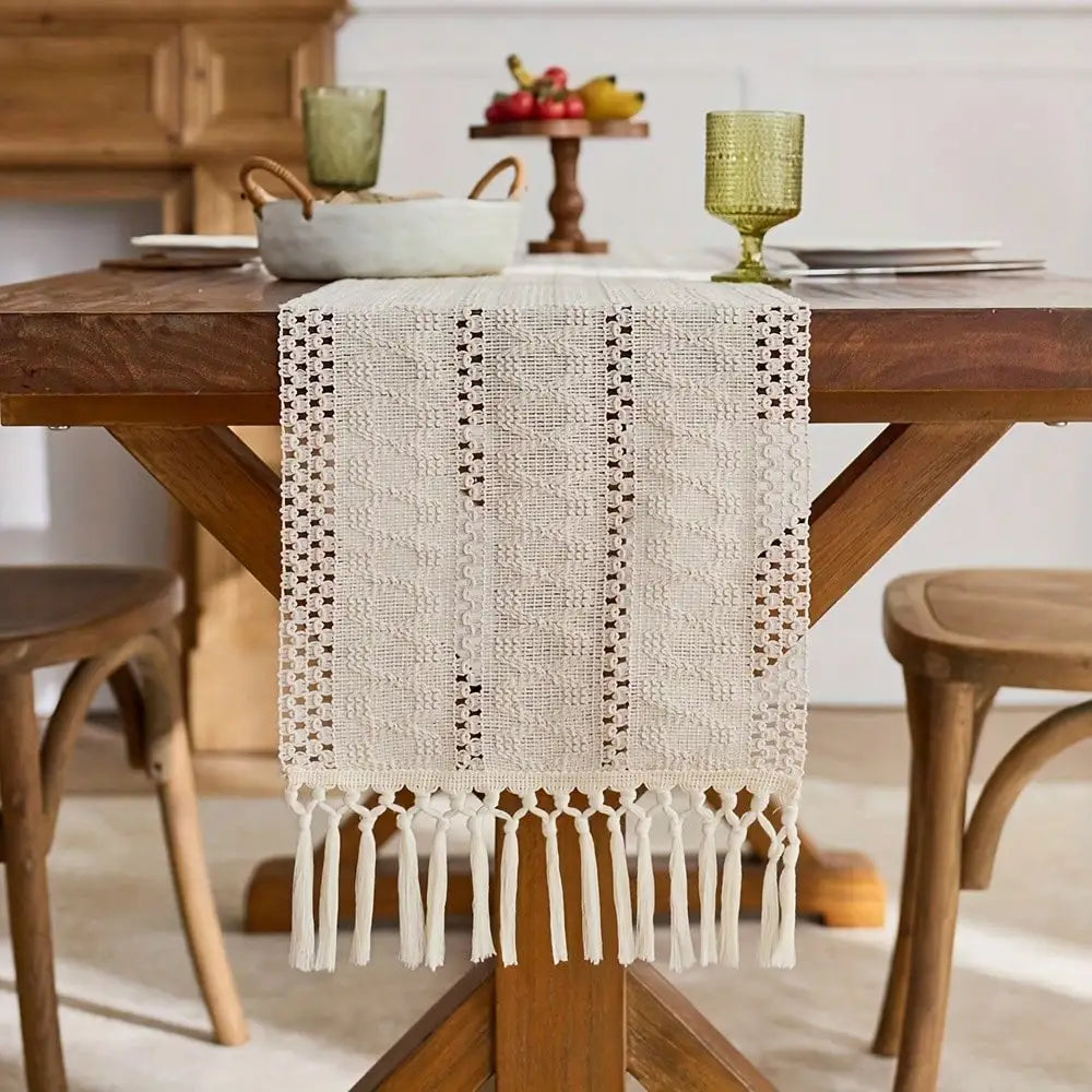 Decorative beige boho table runner with tassels