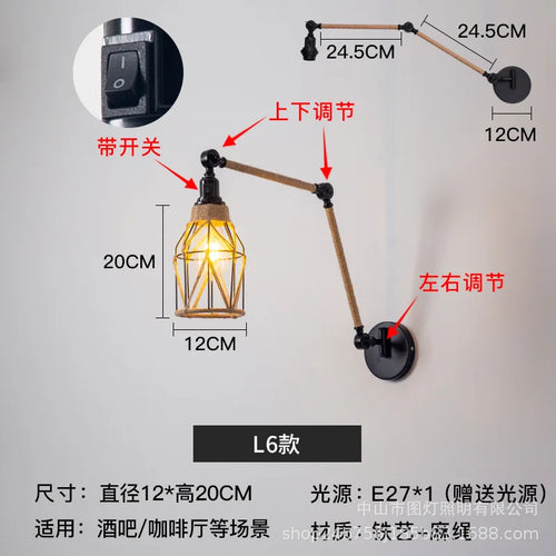 Nordic telescopic wall lamp with adjustable swivel arm and hemp rope - vue 14 sur 22