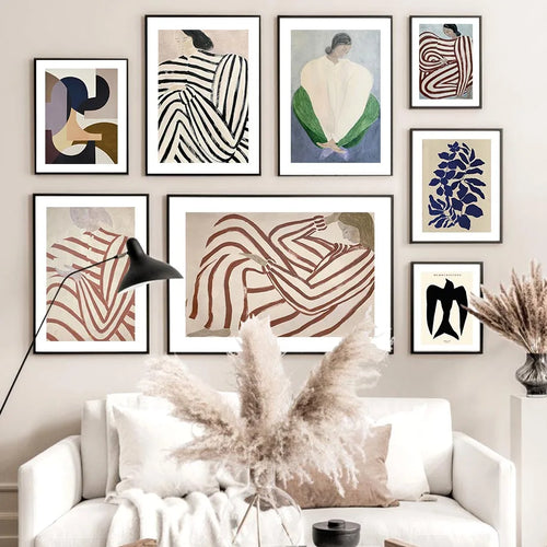 Striped pyjama woman geometry leaf retro modern wall art - vue 5 sur 7