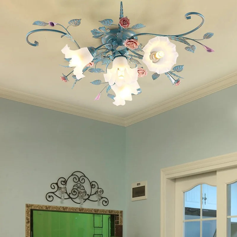 Handmade iron LED ceiling light with rose flower, American Korean style