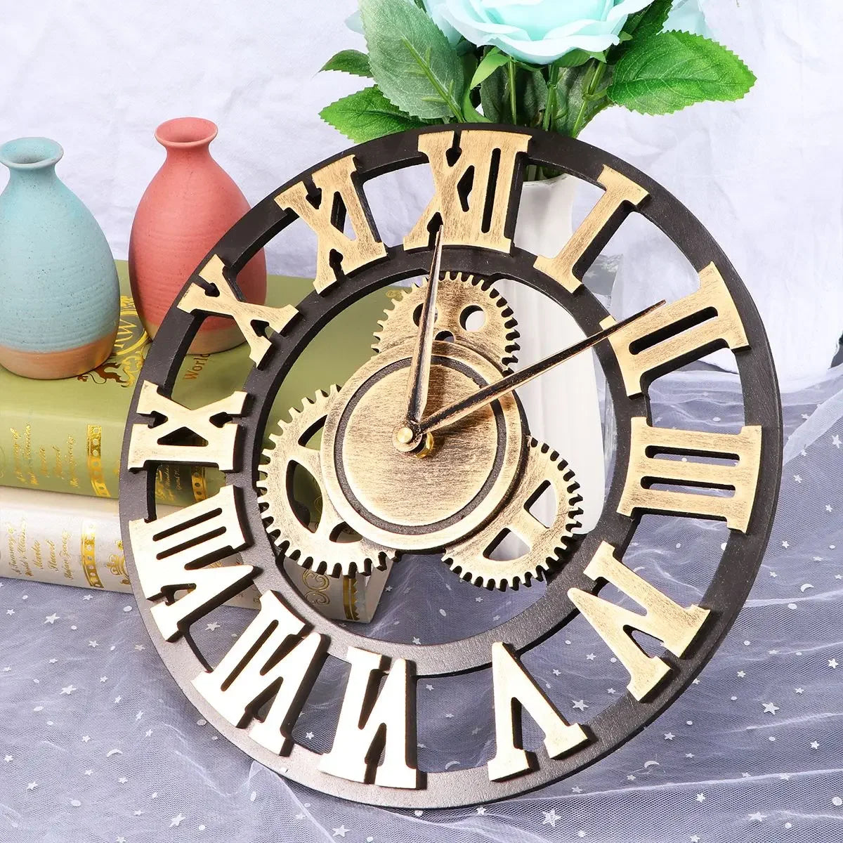 retro industrial style decorative wall clock with gears - vue 2 sur 8