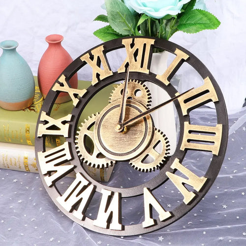retro industrial style decorative wall clock with gears - vue 2 sur 8