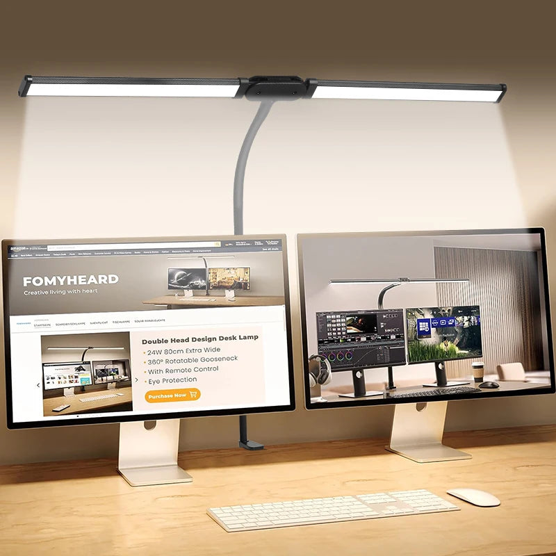 Led desk lamp with double adjustable head, stepless dimming, USB table lamp for computer monitor, office or study