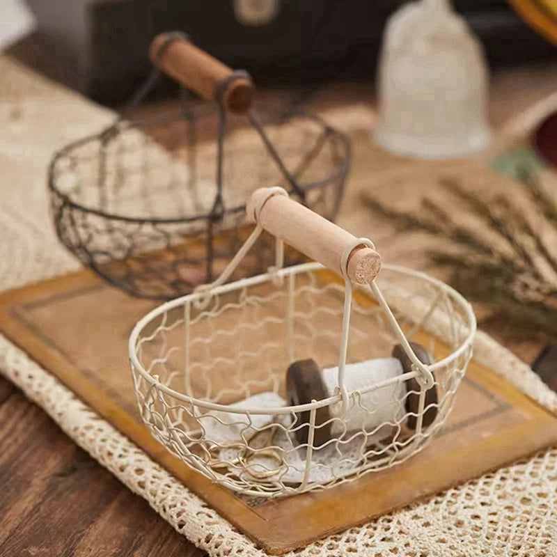 iron basket for fruit, vegetables and bread with wooden handle