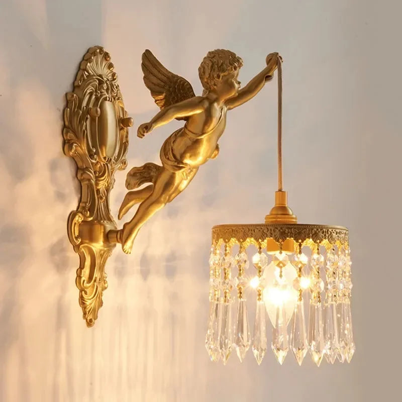 Vintage style angelic crystal wall light in copper