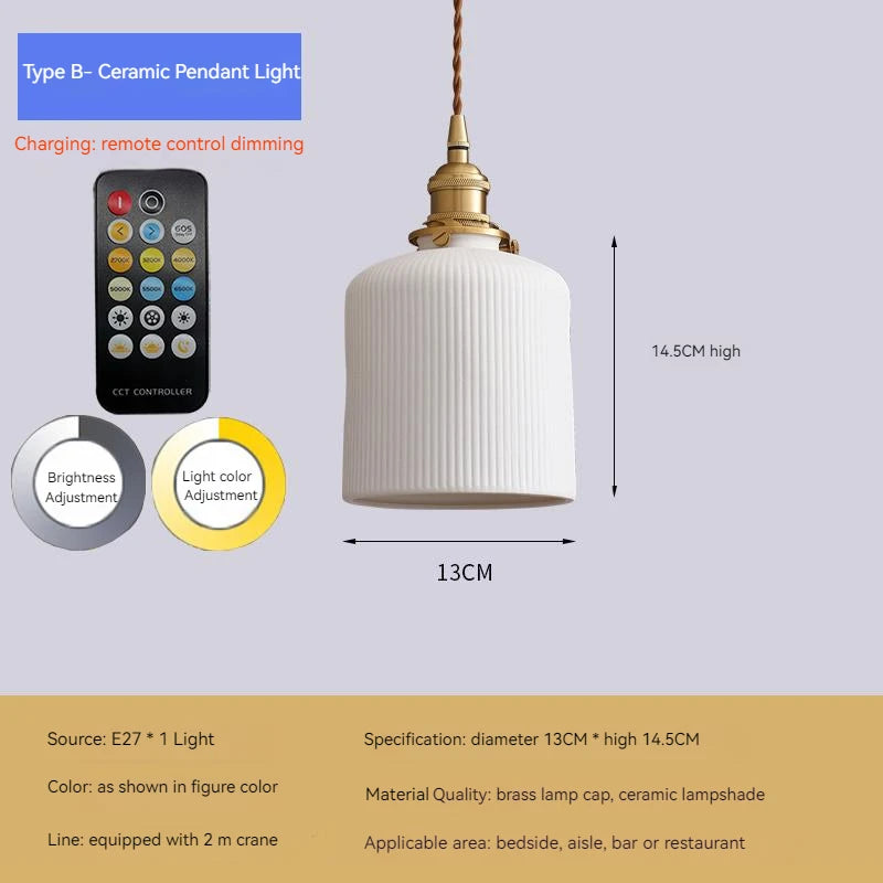 Retro ceramic pendant light with cordless installation for interior decoration