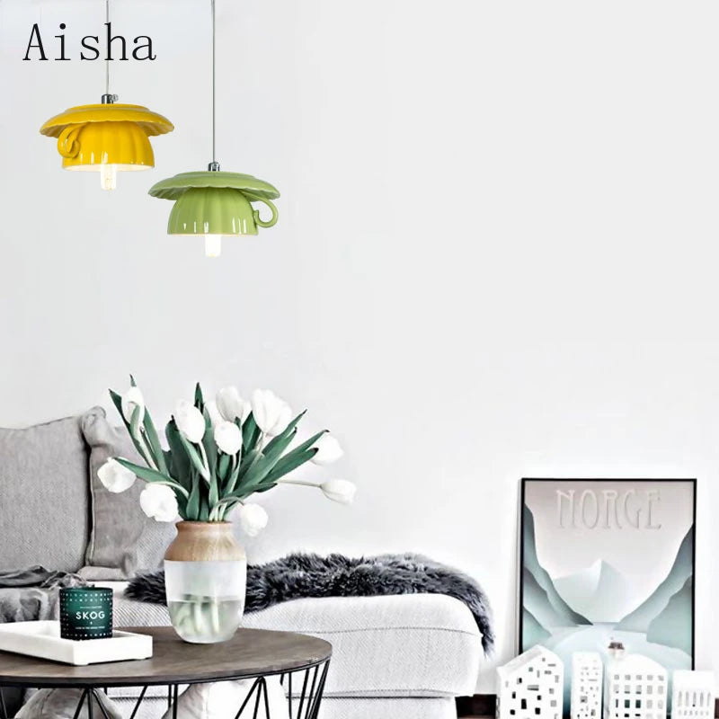 Ceramic pendant light with teacup and teapot