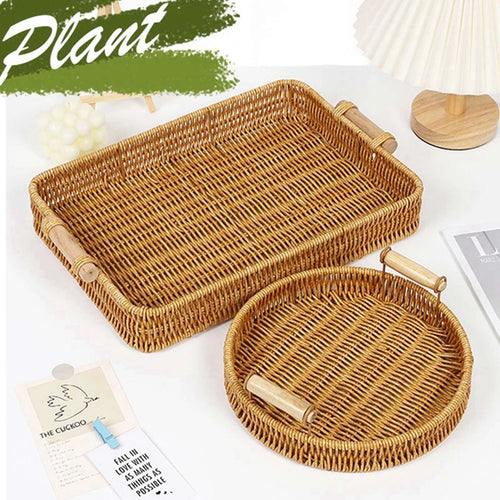 Woven rattan storage tray with wooden handles - vue 3 sur 11