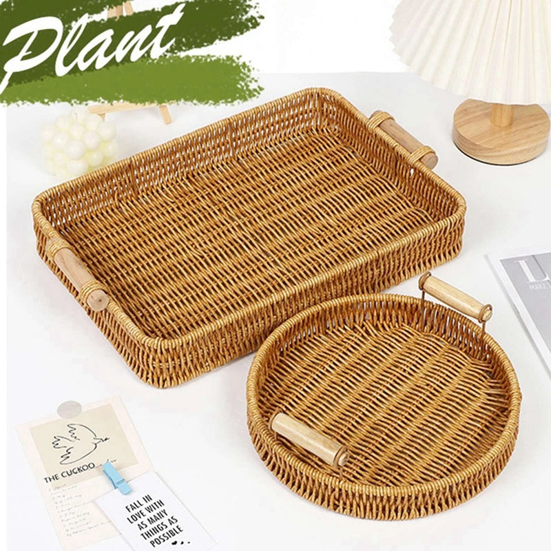 Woven rattan storage tray with wooden handles - vue 3 sur 11