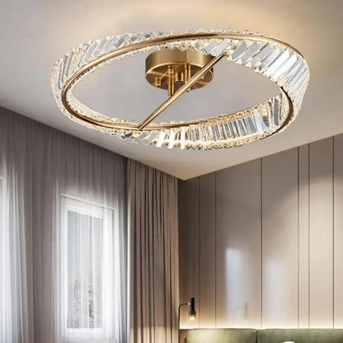 Modern gold chandelier with LED crystal rings - vue 3 sur 9