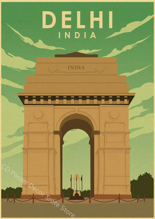 Retro world cities poster architectural landmark wall art