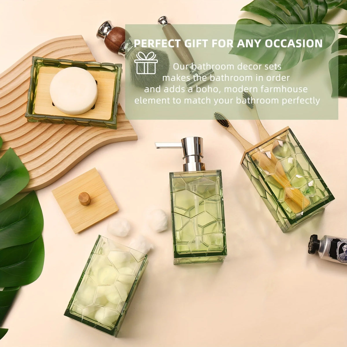 Bathroom Accessory Set, Acrylic Bamboo Accessories, Includes Toothbrush Holder, Soap Dispenser, Cotton Swab Holder, Soap Dish, T - vue 5 sur 7