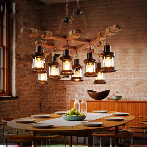 Retro wood industrial style chandelier for café and restaurant - vue 3 sur 24