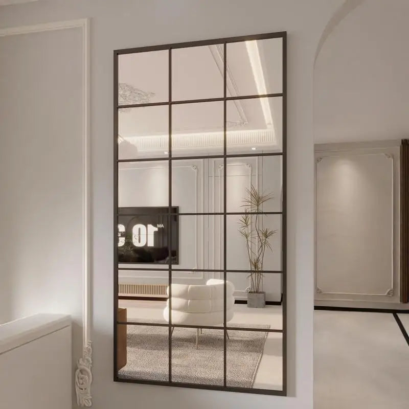 French retro decorative full-length mirror, square lattice false window to increase the sense of space, wall-mounted household m - vue 3 sur 10