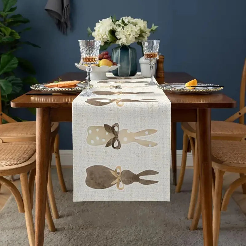 Linen table runner with rabbit and heart motifs for Easter