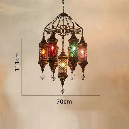 Retro industrial iron and coloured glass chandelier for Asian venues - vue 12 sur 14