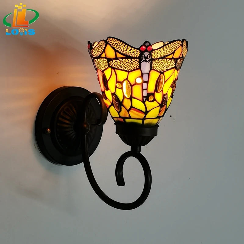 Tiffany style retro dragonfly glass wall light
