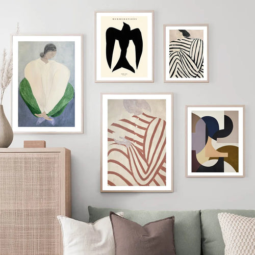 Striped pyjama woman geometry leaf retro modern wall art - vue 3 sur 7