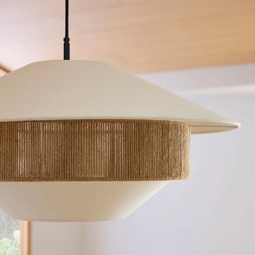 Vintage fabric pendant light with hemp rope, country style - vue 6 sur 9