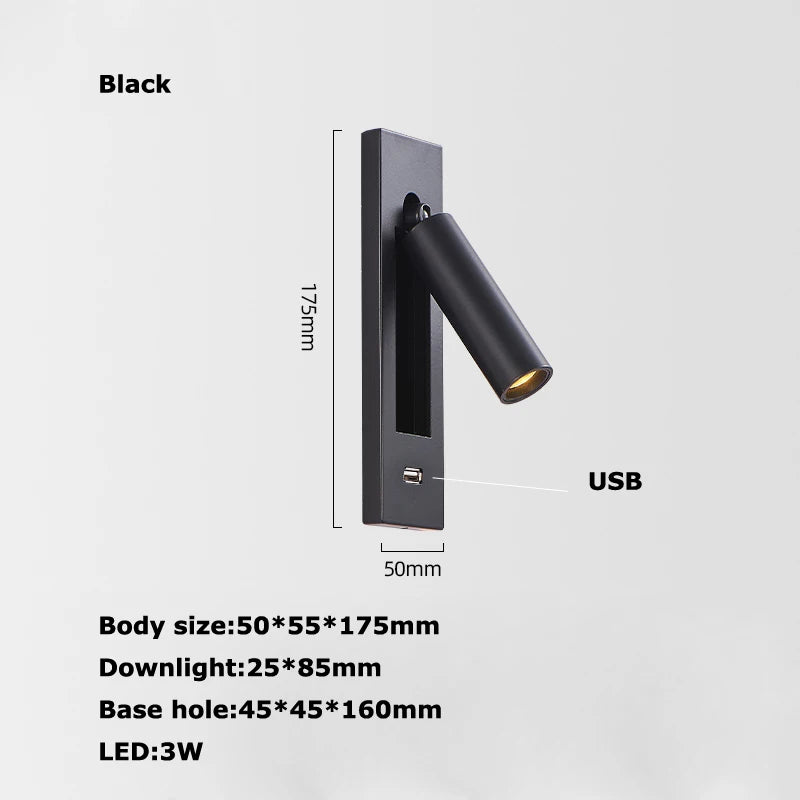 LED Brass Black Wall Lamp Wall Light Wall Sconce Wall Mounted Reading Light with Switch and USB Port, Rotatable For Bedroom - vue 21 sur 23