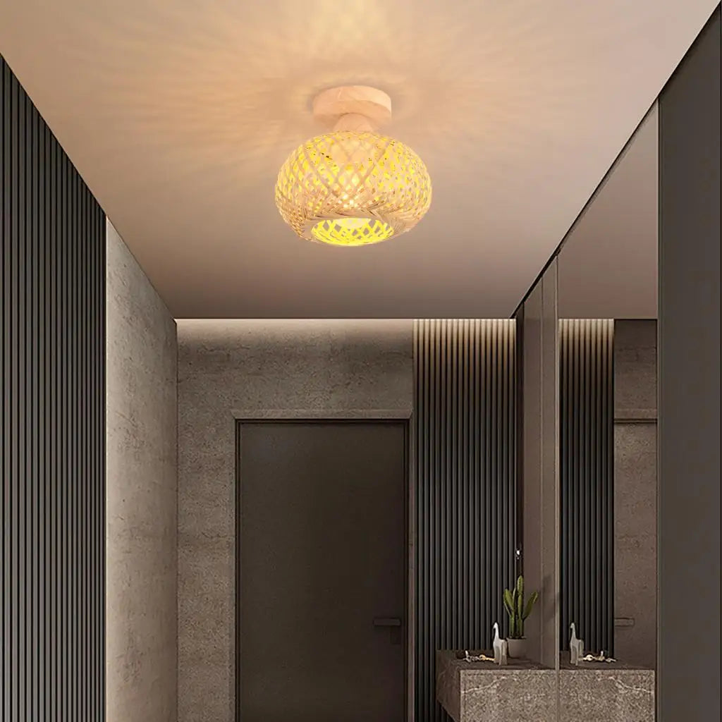 Retro woven bamboo ceiling light for interior decor - vue 7 sur 7