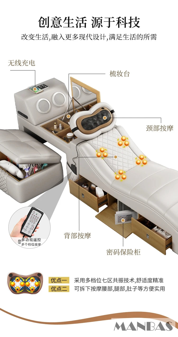 Tech Smart Bed 2 People with King Size Bed Frame Queen, Genuine Leather, Massage, USB, Bluetooth Speaker, and Safe By MINGDIBAO - vue 5 sur 8
