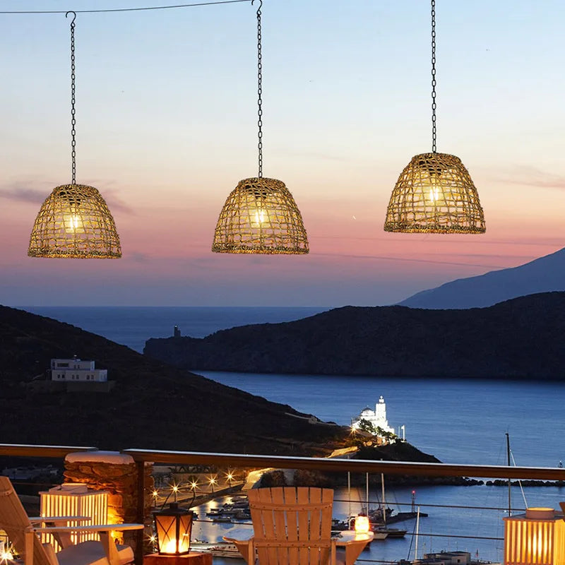 Woven rattan solar pendant light for outdoor decorative use