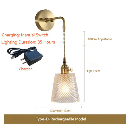 Scandinavian glass and brass LED wall light with battery switch - vue 19 sur 23