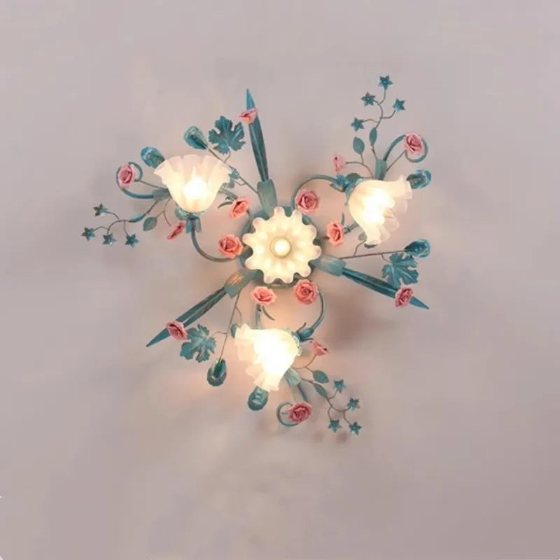 Retro ceramic ceiling light with luminous flowers and plants