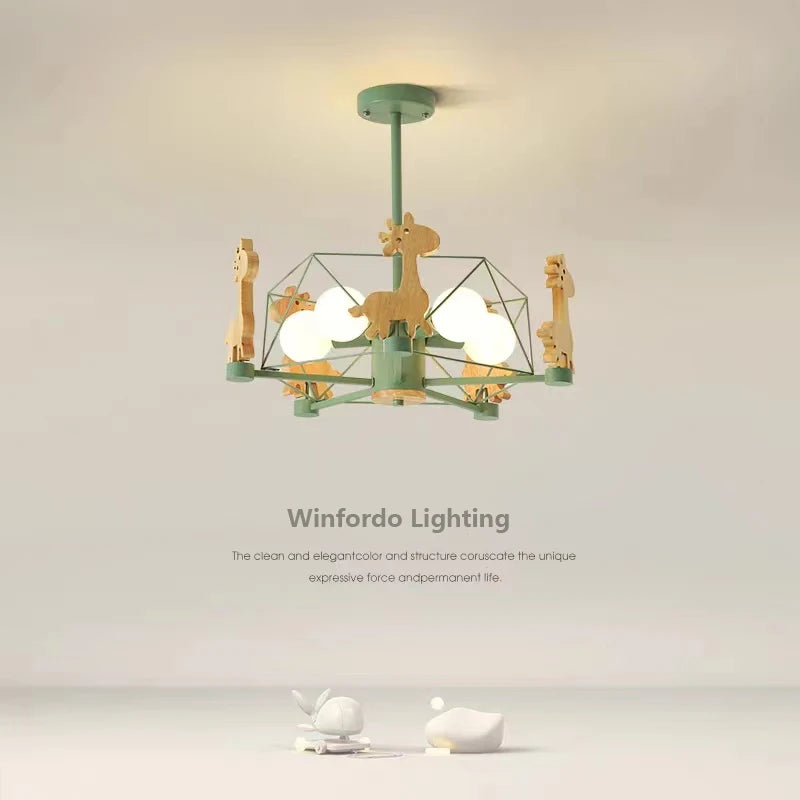 Wooden giraffe LED pendant light for children