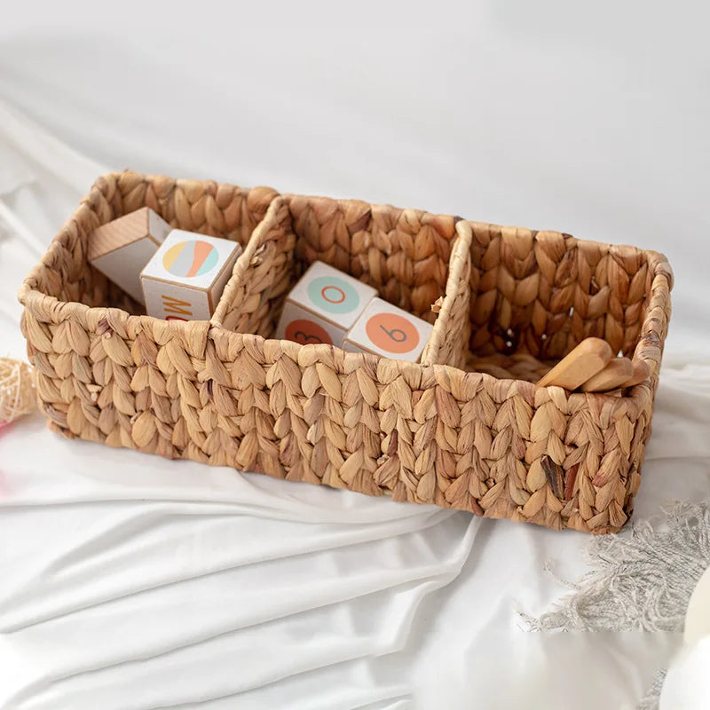 Handwoven rattan storage basket with three compartments